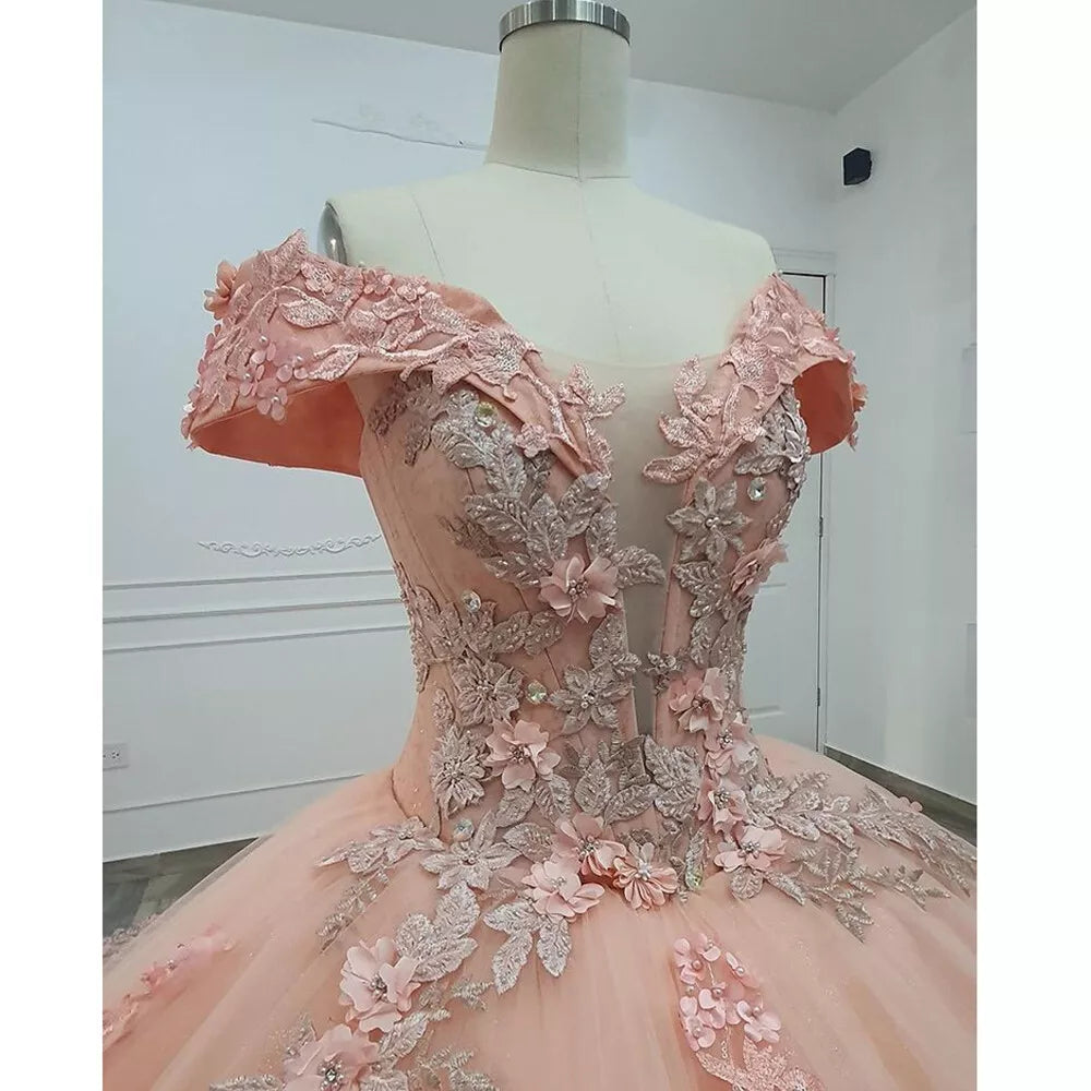 Gorgeous Pink Applique Off-the-shoulder Sweet 16 Quinceanera A-Line Floor-length Prom Dress Birthday Dress Evening Dress Ball Gown TP4536