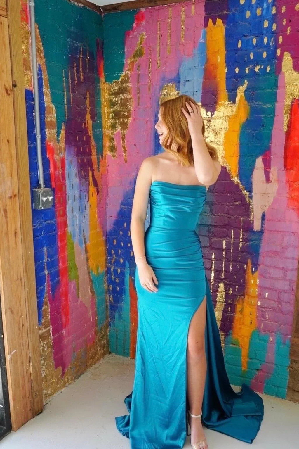 Mermaid Ruched Red Senior Prom Dress With Slit Strapless