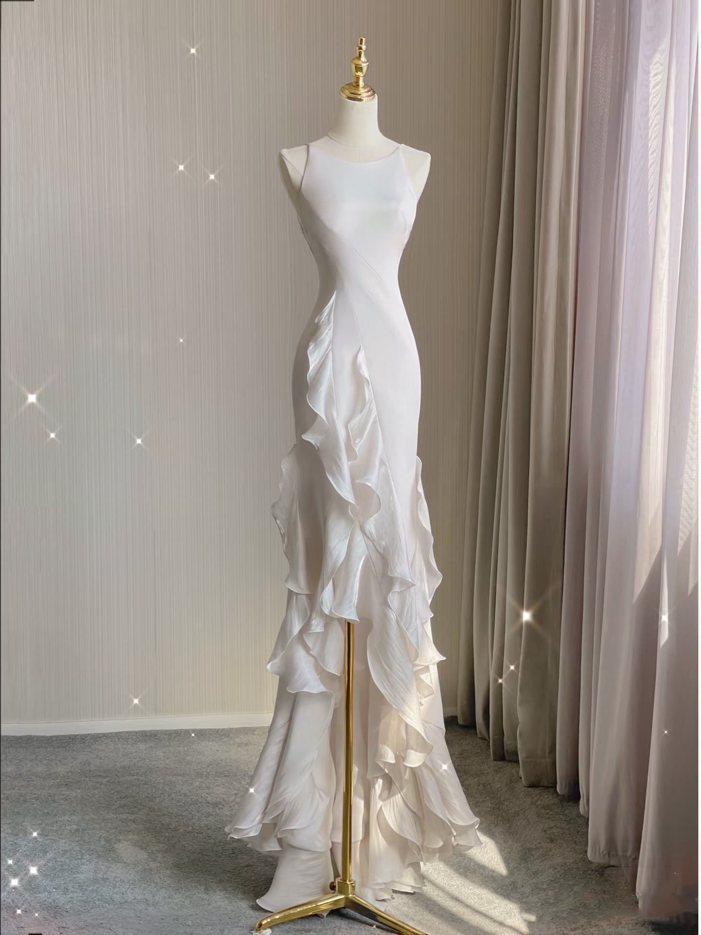 Sexy Mermaid Scoop Satin Night Party Dress White Long Wedding Guest Dresses