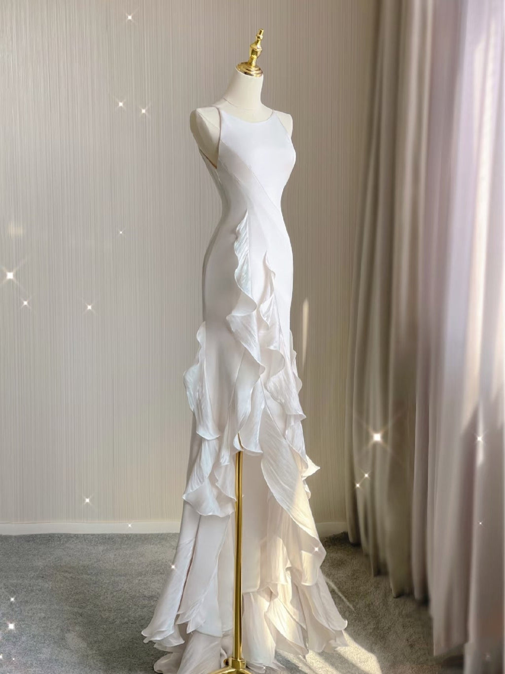 Sexy Mermaid Scoop Satin Night Party Dress White Long Wedding Guest Dresses