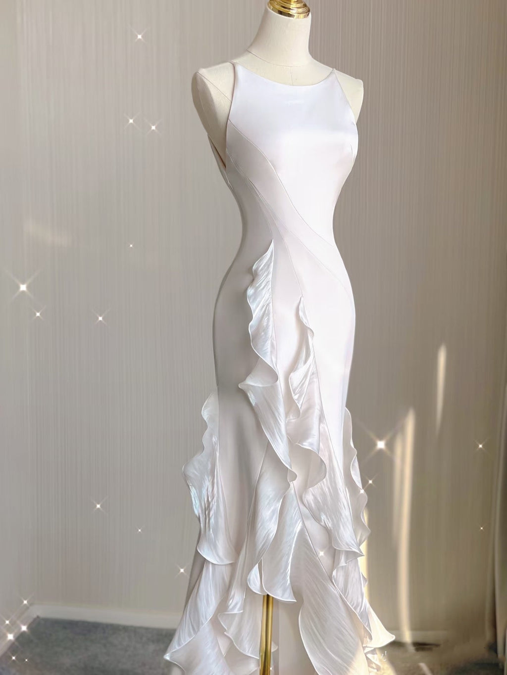 Sexy Mermaid Scoop Satin Night Party Dress White Long Wedding Guest Dresses