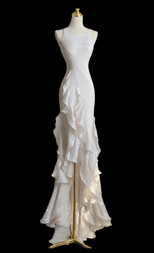 Sexy Mermaid Scoop Satin Night Party Dress White Long Wedding Guest Dresses