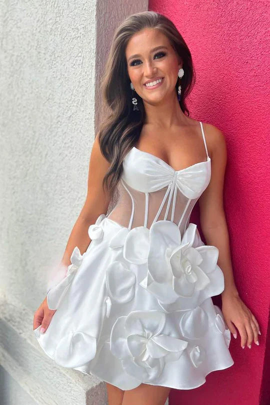 V-Neck Sleeveless Satin A-Line Florals Short Homecoming Dress