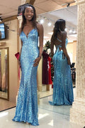 Sparking Sky-blue Sequin Prom Dresses,Back Open Formal Dress