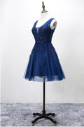 Vintage Navy Blue Lace Appliques Design A-line Tulle Short Lace-up Homecoming Dress TP3570