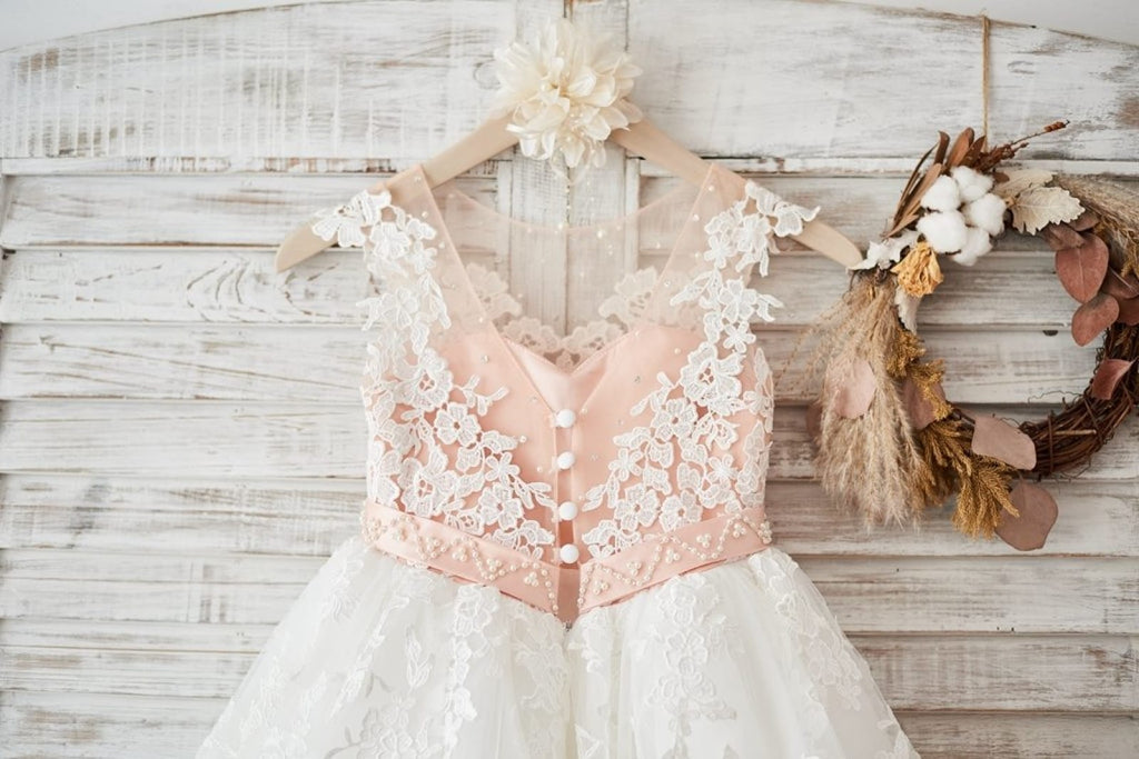 Cap Sleeves Ivory Lace Tulle Hi Low Wedding Party Flower Girl Dress Beading Waist