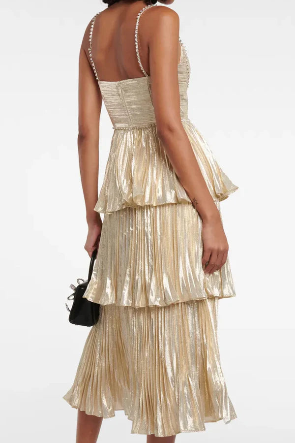 Spaghetti Straps A-Line Empire Pleated Tiered Party Prom Dress