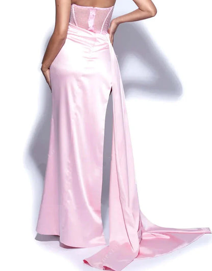 Sexy 17th Birthday Dresses Strapless Mermaid Prom Dresses for Black Girls Thigh-High Slits Pleats Beading Birthday Outfits P364