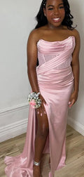 Thigh-high Slit Pink Satin Strapless Corset Prom Dress