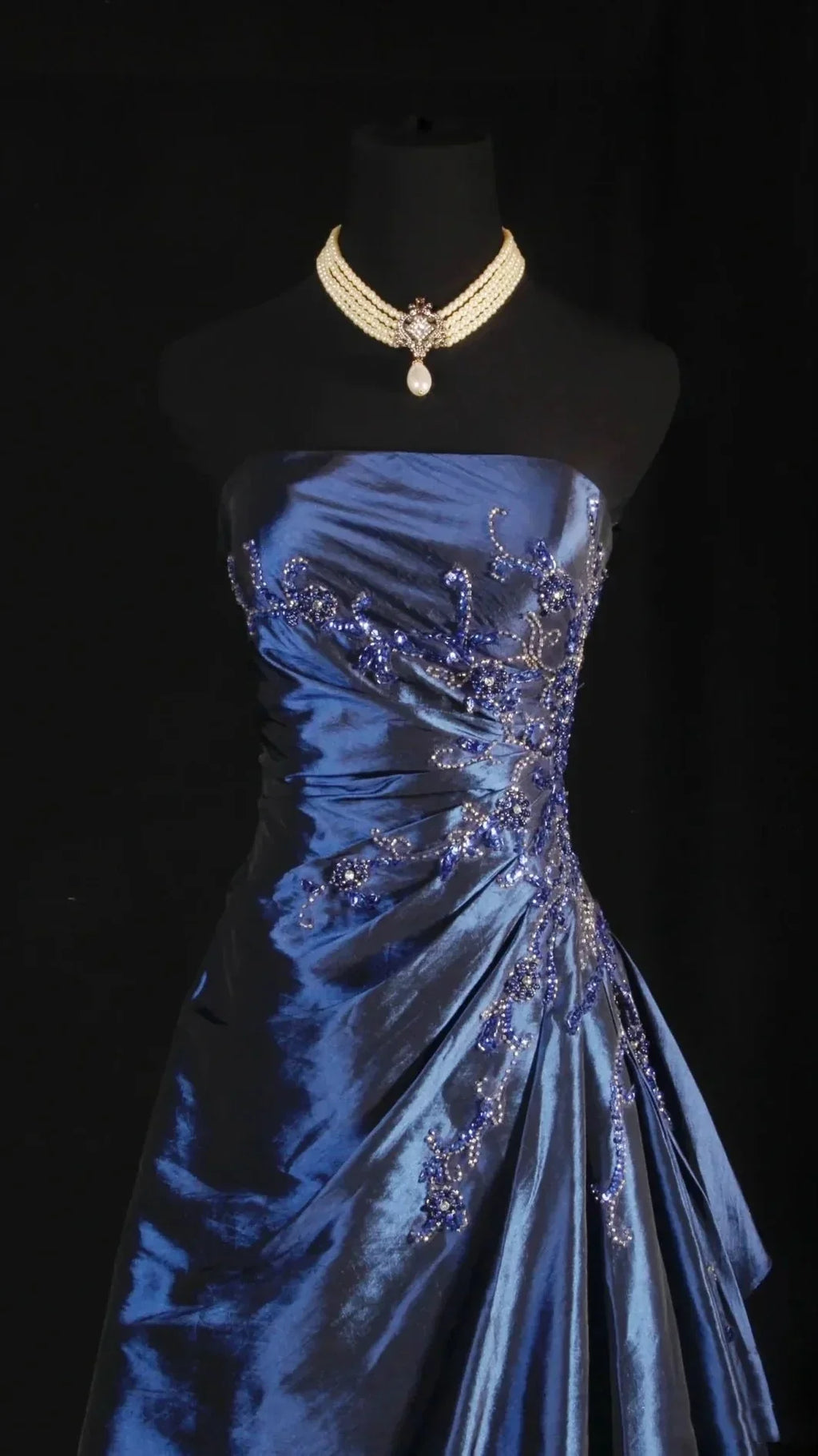 Vintage Ball Gown Strapless Navy Blue Beaded Long Prom Dresses Formal Evening Dress