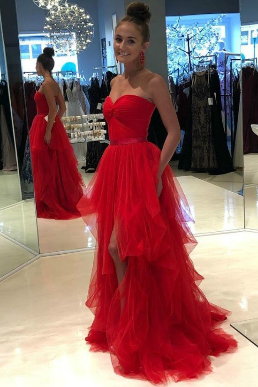 Sweetheart Red Prom Dress Tulle Tiered Ruffled Formal Dresses