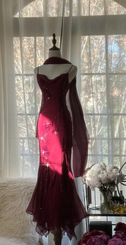 Red floral beading elegant long chiffon ball gown evening dress party dress gh4761