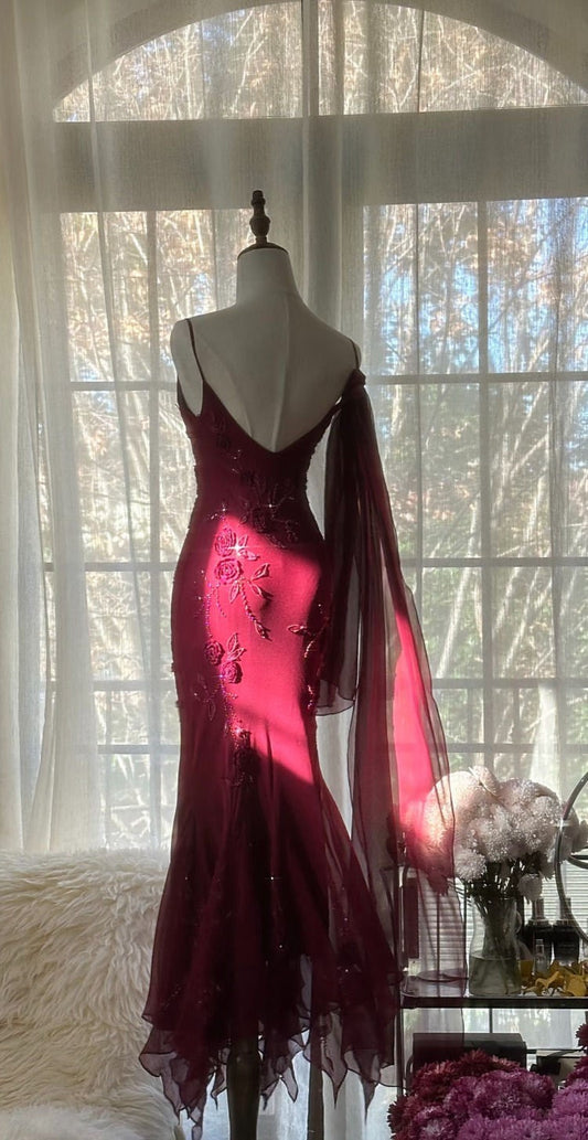 Red floral beading elegant long chiffon ball gown evening dress party dress gh4761