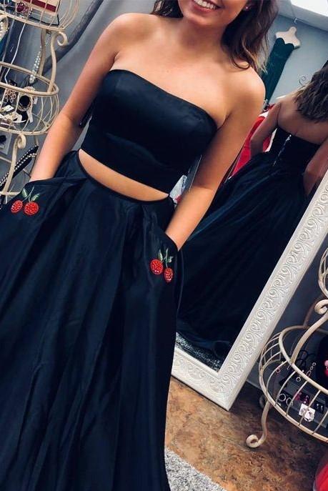 Two Piece Nark Navy Prom Dress with Pockets Long Gown