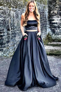 Two Piece Nark Navy Prom Dress with Pockets Long Gown