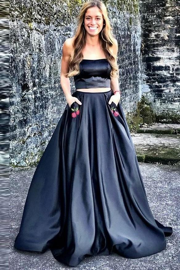 Two Piece Nark Navy Prom Dress with Pockets Long Gown