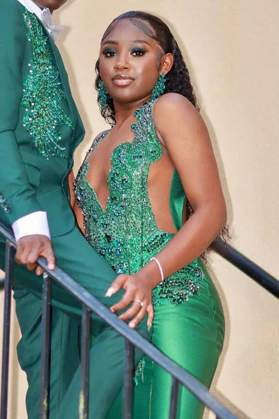Gorgeous Dark Green Prom Dress Glittering Beaded Evening Gown Mermaid Party Dress Long Formal Dress TP4865