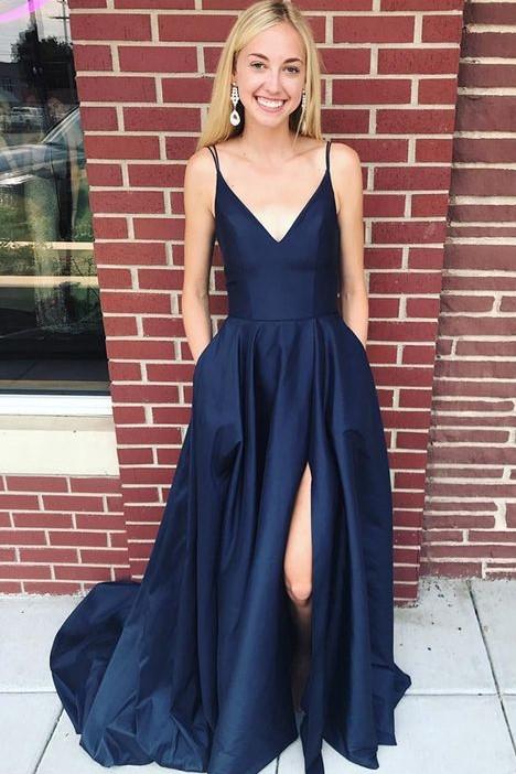 Navy Blue Satin Prom Gowns with Pockets Side Split Evening Dresses