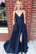 Navy Blue Satin Prom Gowns with Pockets Side Split Evening Dresses
