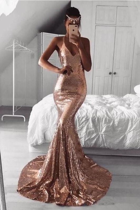 Stunning Mermaid Sequin Prom Dress Long V Neck Formal Dresses