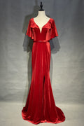 Velvet Red Evening Dresses with Ruffles Sleeves