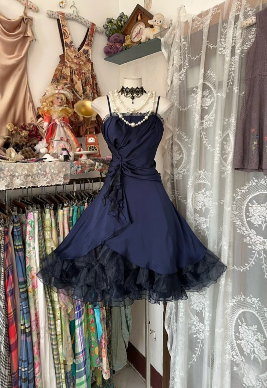 Navy Blue Short Homecoing Dress Ruffled Hem A Line Cocktail Dresses