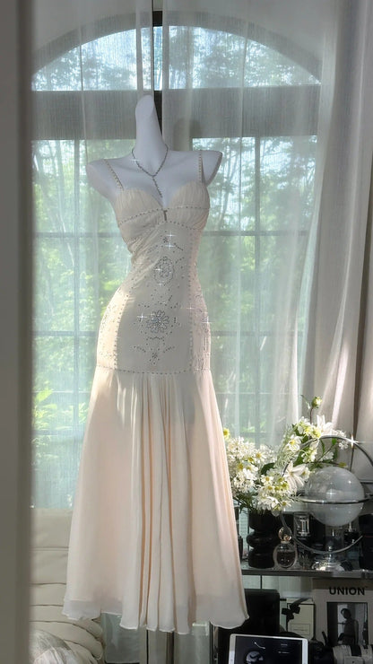 Girlhomeshops-White beaded elegant spaghetti strap long chiffon Prom Dress evening dress party dress date dress gh5082