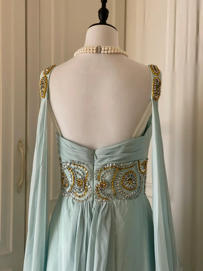 Light Blue Fashionable Elegant Greek Goddess Gown Long Chiffon Floor Length Trailing Ball Gown Evening Gown Party Dress gh4266