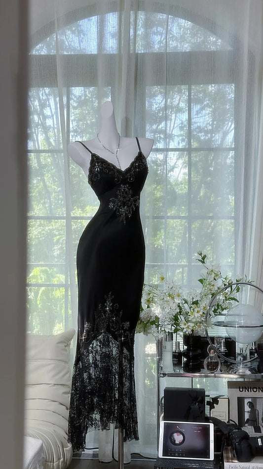 Black shiny vintage exquisite beaded satin lace long homecoming dress prom dress evening dress party dress gh4823