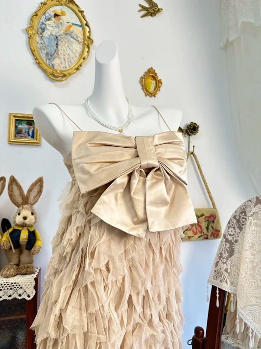 Girlhomeshops-Champagne bow vintage short chiffon homecoming dress birthday dress gh5208