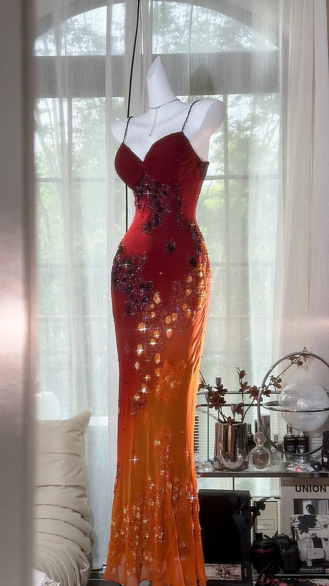 Burgundy Orange Floral Ball Gown Long Chiffon Date Dress Evening Dress Birthday Dress Wedding Dress gh4532