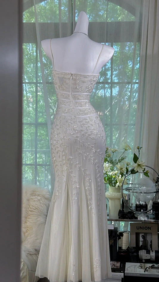 Moon white retro elegant vintage solid color spaghetti straps see-through sexy long exquisite beaded chiffon prom dress evening dress birthday party dress prom dress gh3948