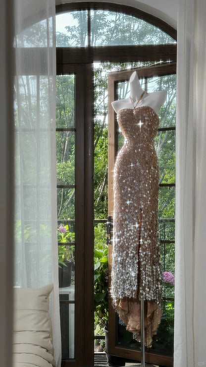Brown Shiny Elegant Long Sequined Tulle Ball Gown Evening Dress Party Dress gh4612