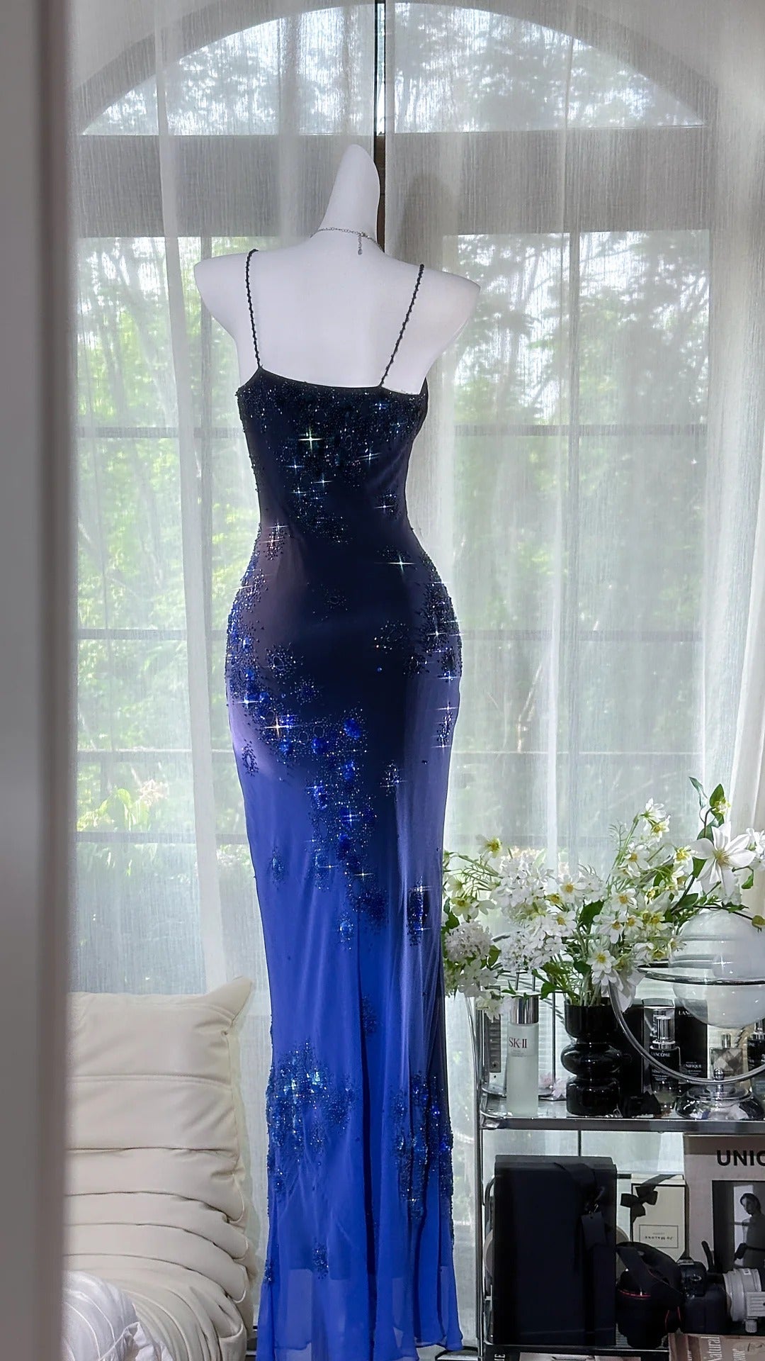 Blue romantic exquisite floral long chiffon prom dress evening dress party dress date dress gh4878