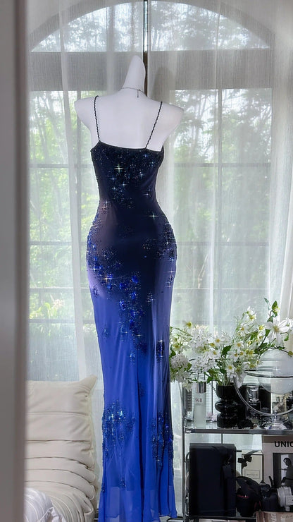 Blue romantic exquisite floral long chiffon prom dress evening dress party dress date dress gh4878