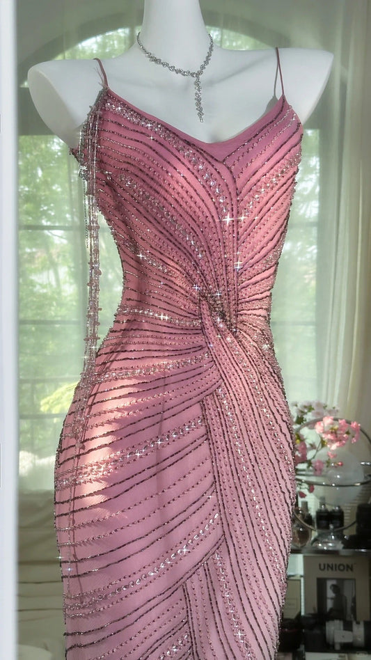 Pink Elegant Gorgeous Exquisite Beaded Tassel Midi/Short Tulle Chiffon Homecoming Dress Cocktail Party Dress Ball Dress Evening Dress Birthday Party Dress Prom Dress gh4086