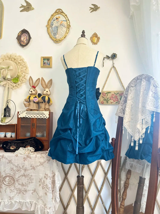 Girlhomeshops-Lake blue bud dress vintage short satin homecoming dress birthday dress gh5216