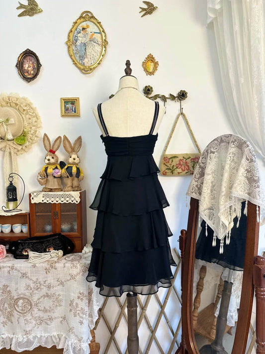 Girlhomeshops-Black ruffled vintage short chiffon homecoming dress birthday dress gh5217