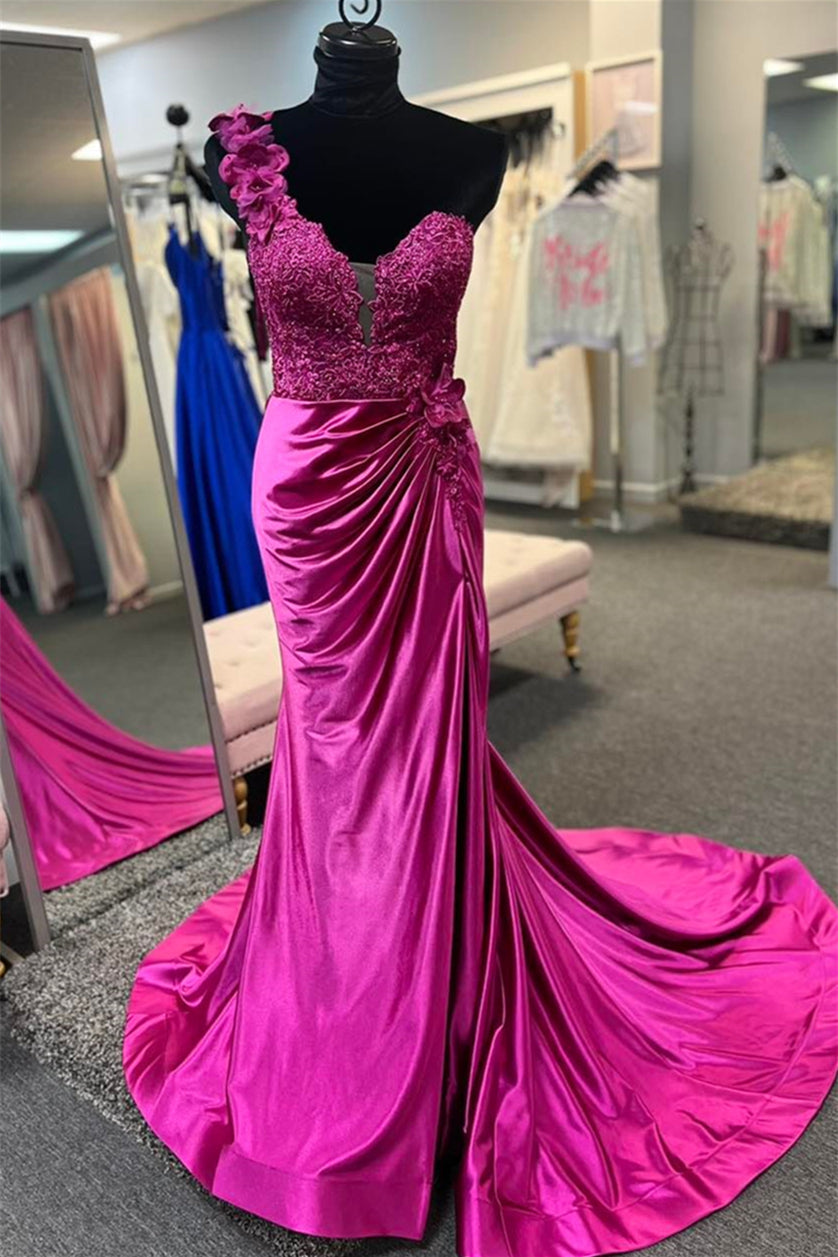 Fuchsia Floral One Shoulder Appliques Mermaid Long Prom Dress with Slit