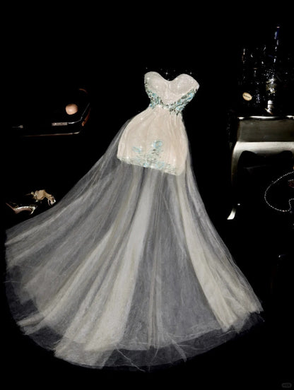 White gorgeous beaded long tulle ball gown evening dress gh4417