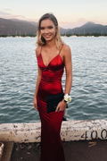 Spaghetti Straps Red Satin Mermaid Gown V Neck Maxi Dresses
