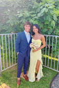 Straps Yellow Chiffon Ruffled Formal Party Dress with Slit