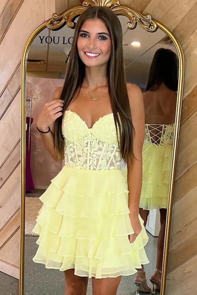 Strapless Blue Sheer Corset A-Line Ruffle Homecoming Dress