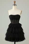 Gorgeous Black Sequined Design A-line Strapless Tiered Homecoming Dress TP3636
