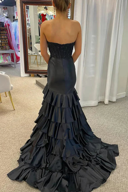 Bateau Strapless Appliques Tiered Formal Party Dress