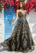 Black Golden Spaghetti Straps Long Prom Dress TP1397